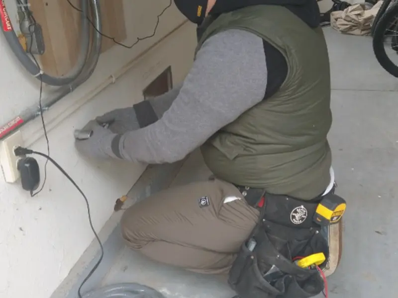 Electrician performing outlet wiring in a Circleville garage